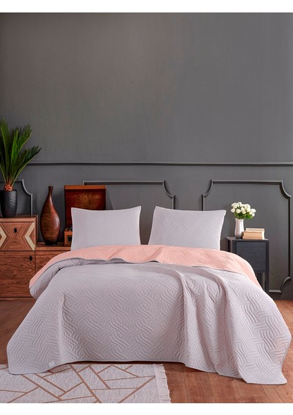 Dilara Pamuklu Çift Kişilik Yatak Örtüsü Seti (220X240)-GRI Pudra