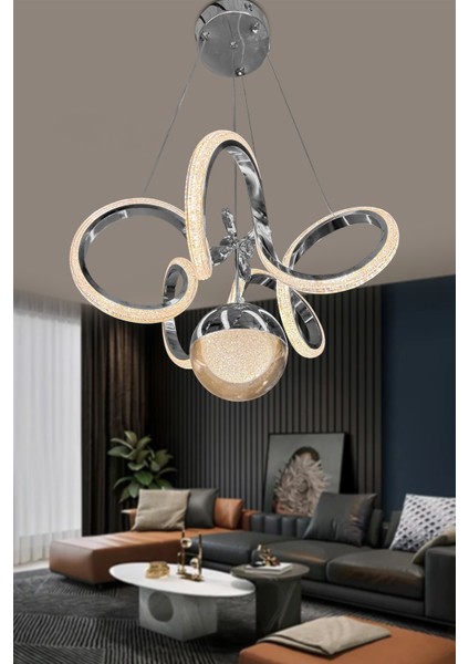 Kıvrım Tekli Fanus Top Simli Slikonlu Modern Oturma LED Avizesi modelleri