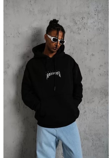 Erkek Baskılı Kapüşonlu ve Kanguru Cepli Sweat - Siyah fiyatları