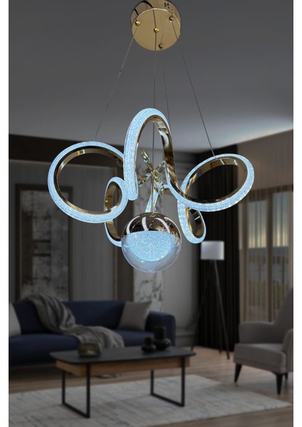 Kıvrım Tekli Fanus Top Simli Slikonlu Modern Oturma LED Avizesi