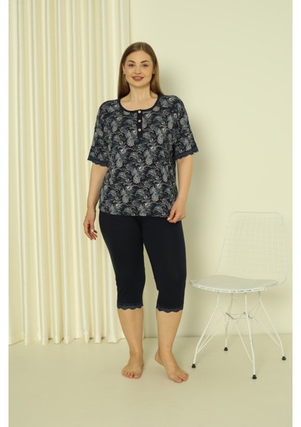 Desenli Dantelli Kısa Kollu Likralı Viskon Alt Üst Taytlı Gecelik Takımı