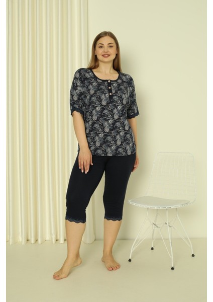 Desenli Dantelli Kısa Kollu Likralı Viskon Alt Üst Taytlı Gecelik Takımı fırsatları