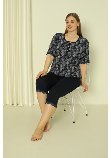 Desenli Dantelli Kısa Kollu Likralı Viskon Alt Üst Taytlı Gecelik Takımı