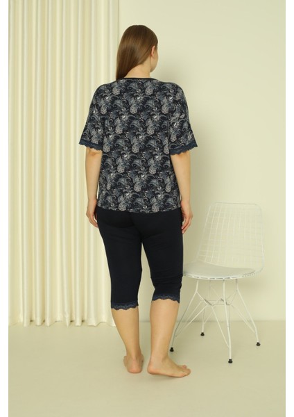 Desenli Dantelli Kısa Kollu Likralı Viskon Alt Üst Taytlı Gecelik Takımı