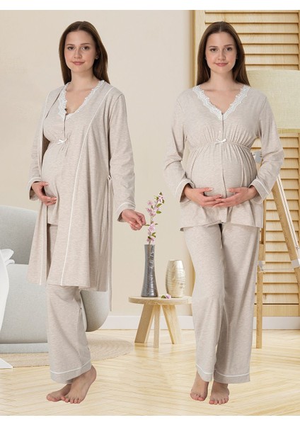 Dvina Effortt Lohusa Sabahlıklı Pijama Takımı Bej - 3054