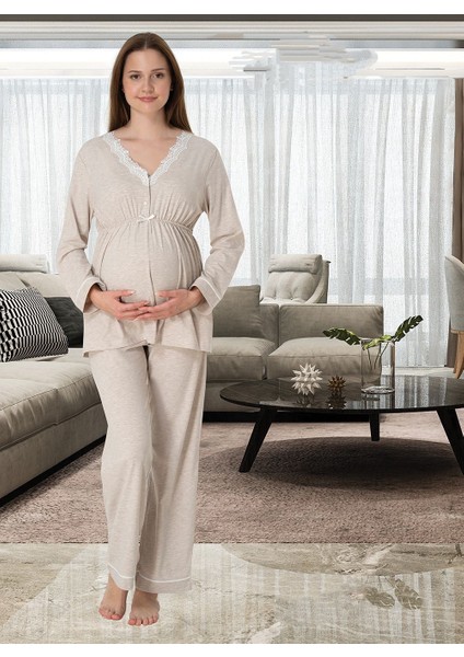 Dvina Effortt Lohusa Pijama Takımı Bej - 3052