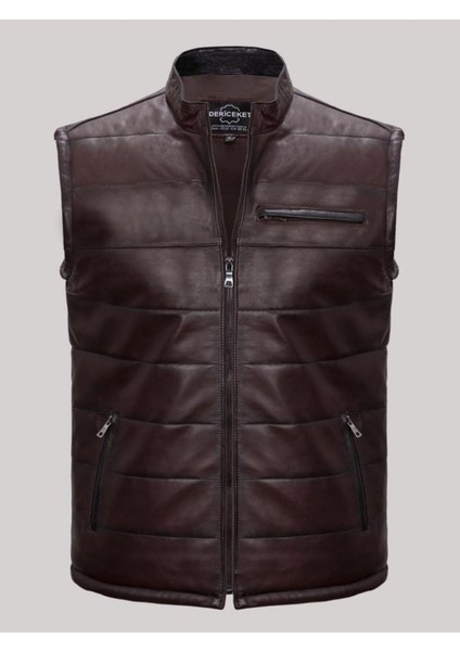 Hakiki Deri Hakiki Deri Kahverengi 3 Işlemeli Cepli Erkek Yelek