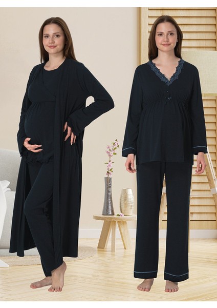 Dvina Effortt Lohusa Sabahlıklı Pijama Takımı Lacivert - 3054