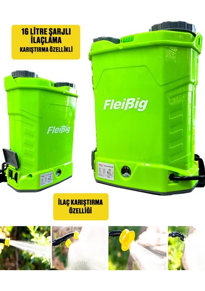 Flebig Turbo Karıştırıcılı 16 Lt Şarjlı Sırt Tipi Pompası Akülü lama Makinesi