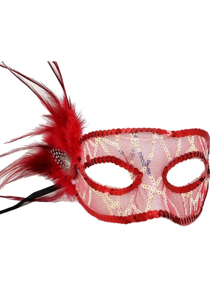 Bfs Kırmızı Renk Yandan Tüylü Pul Payet Işlemeli Parti Maskesi 23X12 cm fiyatları