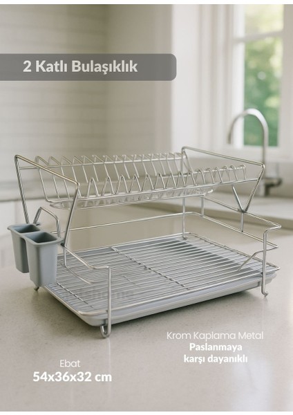 2 Katlı Bulaşıklık Çelik Tezgah Üstü Tabaklık Bpa Free Bulaşık Sepeti kurutmalık gri