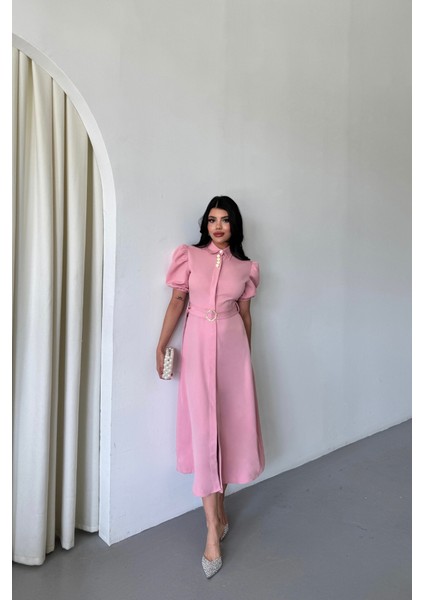 Yaka Düğme Detaylı Elbise- Pembe Pembe-M