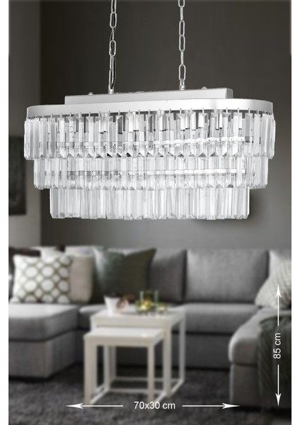 Linsa 70x30 Cm'lik Kristal Cam Taşlı Yemek Masası Üstü Lüks Avize - (gümüş Yaldız)
