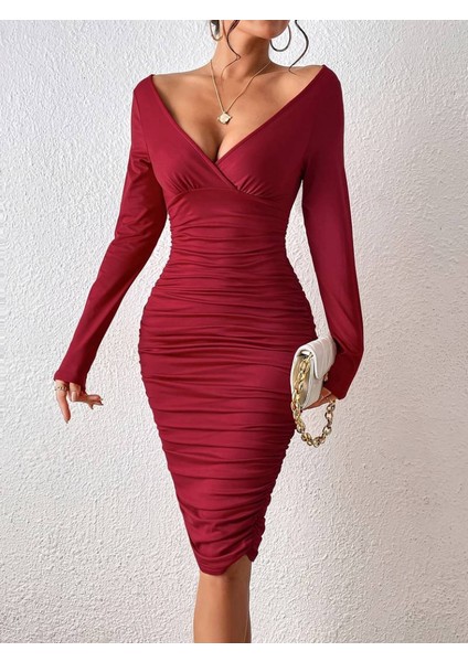 Kadın Uzun Kollu Derin Kruvaze Yakalı Büzgülü Sandy Midi Elbise L-Xl-Kırmızı