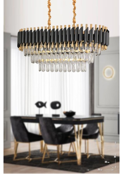 Palmira 75x35 Cm'lik 3 Katlı Prizma Kesim Kristal Taşlı Lüks Avize 6'lı - (siyah-gold)
