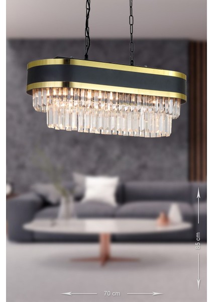 Dora 70x35 Cm'lik Gold Şeritli Kristal Taşlı Lüks Yemek Masası Avize (siyah-gold)