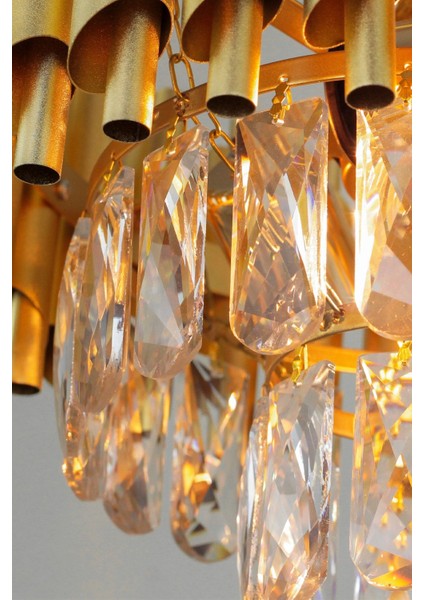 Palmira 75x35 Cm'lik 3 Katlı Prizma Kesim Kristal Taşlı Lüks Avize 6'lı - (sarı-yaldız)
