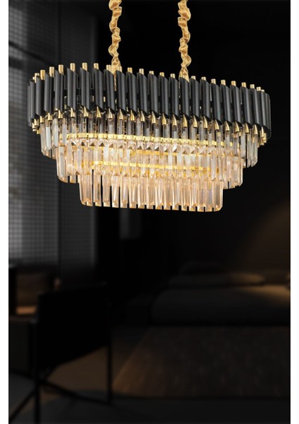 Palmira 75x35 Cm Kristal Taşlı 3 Katlı Lüks Yemek Masası Üstü Avize 6'lı - (siyah-gold) fiyatları