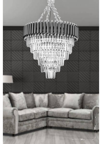 Palmira 60 Cm'lik Kristal Taşlı Lüks Avize 6'lı - (siyah-krom)