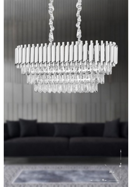 Palmira 75x35 Cm'lik 3 Katlı Prizma Kesim Kristal Taşlı Lüks Avize 6'lı - (gümüş-yaldız)