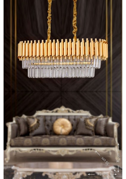 Kristal Taşlı Alüminyum Sarkıt Avize Altın Sarı Modern Dekoratif Aydınlatma 75x35 cm modelleri