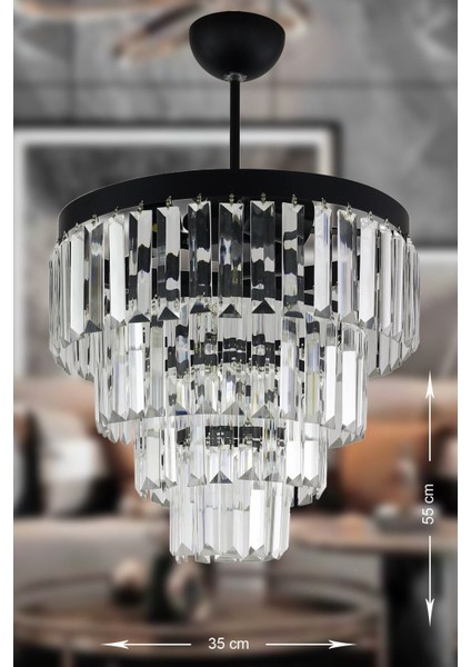 Linsa 35 Cm'lik Kristal Cam Taşlı Lüks Avize - (MAT SİYAH)