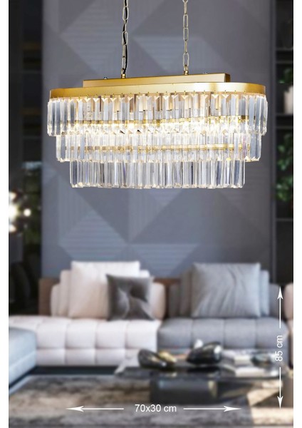 Linsa 70x30 Cm'lik Kristal Cam Taşlı Yemek Masası Üstü Lüks Avize - (sarı Yaldız)