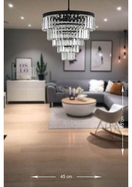 Linsa 45 Cm'lik Kristal Cam Taşlı Lüks Avize - (mat Siyah)