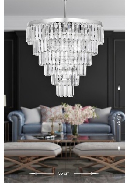 Linsa 55 Cm'lik Kristal Cam Taşlı Lüks Avize - (gümüş Yaldız)