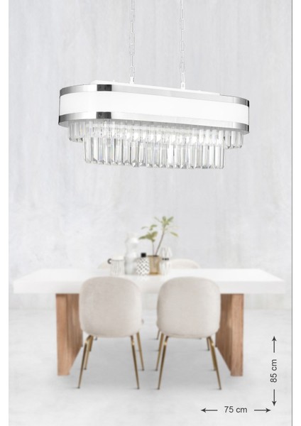Dora 70x35 Cm'lik Krom Şeritli Kristal Taşlı Lüks Yemek Masası Avize (beyaz-krom)