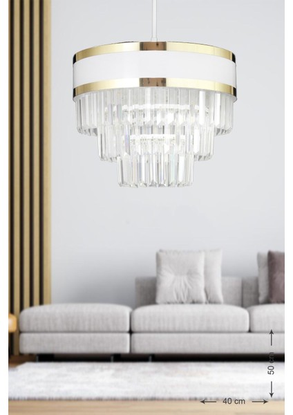 Dora 40 Cm'lik Gold Şeritli Kristal Taşlı Lüks Avize (BEYAZ-GOLD)