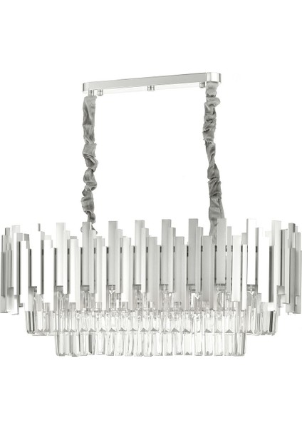 Sima 75x30 Cm'lik Kristal Cam Taşlı Lüks Yemek Masası Üstü Avize - (GÜMÜŞ YALDIZ)