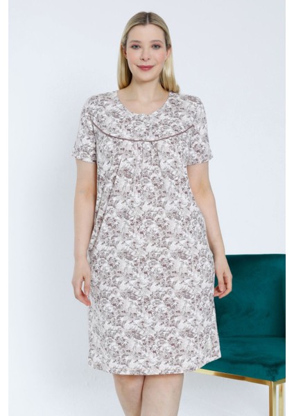 Kadın Kısa Kollu Desenli Biyeli Esnek Viskon Büyük Beden Gecelik