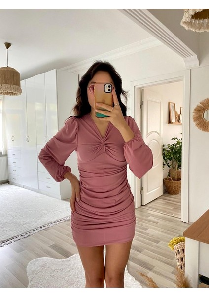 Kadın Uzun Kollu V Yakalı Yanlardan Büzgülü Kısa Sandy Elbise Pembe-2xl-3xl