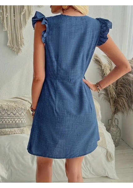 Kadın Fırfır Kollu V Yakalı Düğmeli Keten Elbise Mavi-2xl-3xl fırsatları