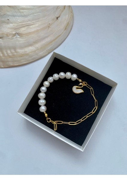Sertifikalı Doğal 8mm Inci Bileklik Çelik Ataç Zincir Kuğu Charm