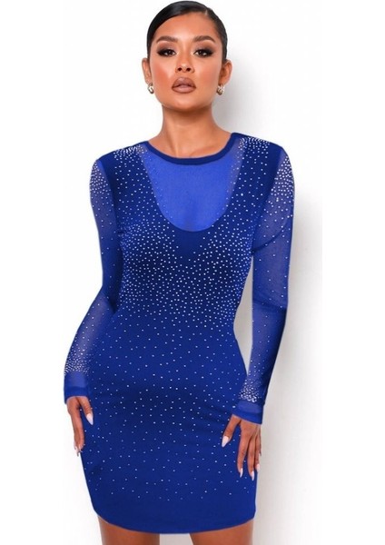 Kadın Uzun Kollu Yuvarlak Yaka Dekolteli Taşlı Dalgıç Elbise Mavi-2xl-3xl indirimleri