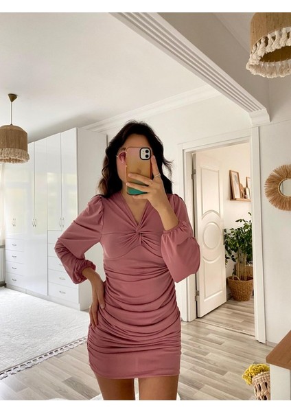 Kadın Uzun Kollu V Yakalı Yanlardan Büzgülü Kısa Sandy Elbise Pembe-2xl-3xl indirimleri