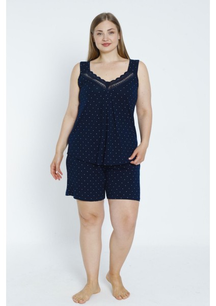 Kadın Puantiyeli Lacivert Büyük Beden Alt Üst Esnek Viskon Gecelik Takımı