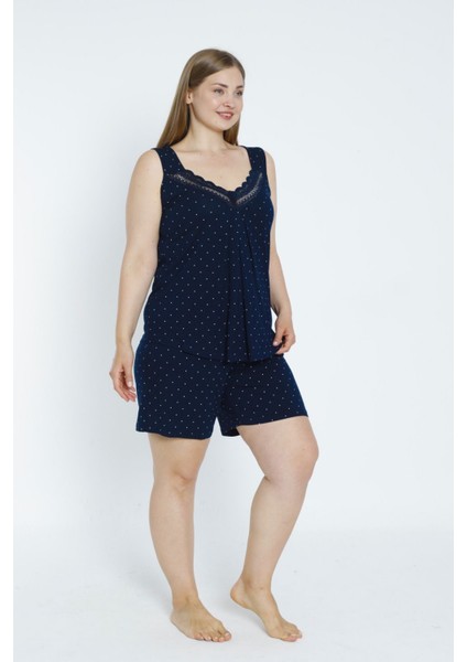 Kadın Puantiyeli Lacivert Büyük Beden Alt Üst Esnek Viskon Gecelik Takımı modelleri