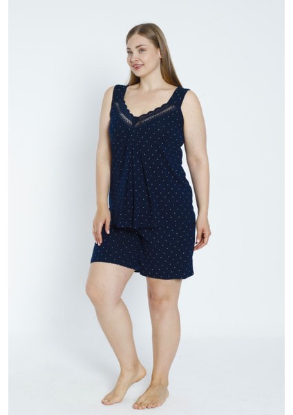Kadın Puantiyeli Lacivert Büyük Beden Alt Üst Esnek Viskon Gecelik Takımı fırsatları