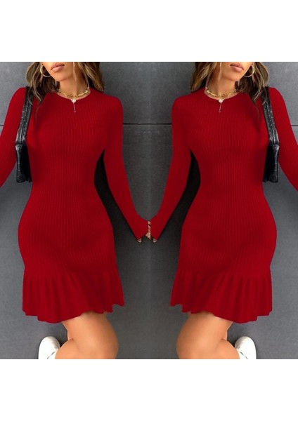 Kadın Bisiklet Yaka Uzun Kol Etek Ucu Fırfırlı Triko (Polyenit) Yılbaşı Özel Mini Boy Elbise Standart-Kırmızı modelleri