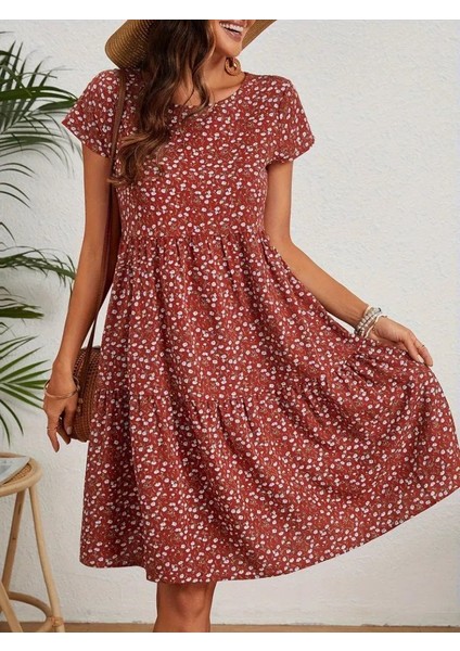 Kadın Kısa Kollu Bisiklet Yaka Çiçek Desenli Süprem Elbise 2xl-3xl-Bordo fiyatları