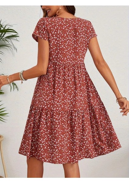Kadın Kısa Kollu Bisiklet Yaka Çiçek Desenli Süprem Elbise 2xl-3xl-Bordo modelleri