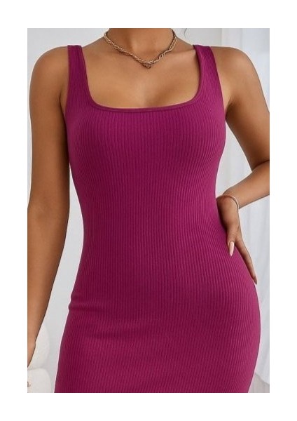 Kadın Askılı Kare Yaka Yandan Yırtmaçlı Midi Kaşkorse Elbise Pembe-L-Xl fiyatları