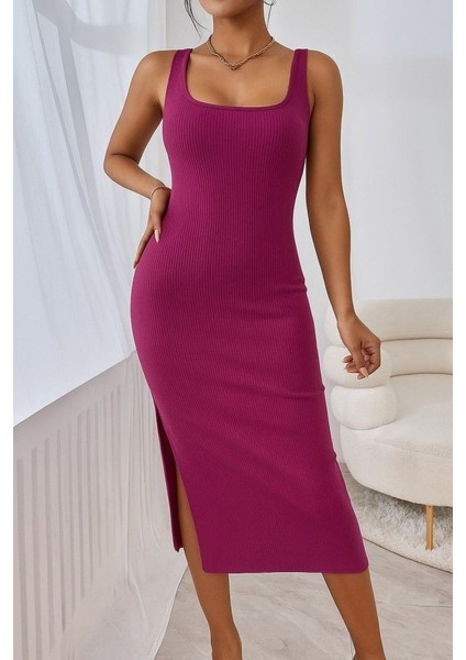 Kadın Askılı Kare Yaka Yandan Yırtmaçlı Midi Kaşkorse Elbise Pembe-L-Xl modelleri