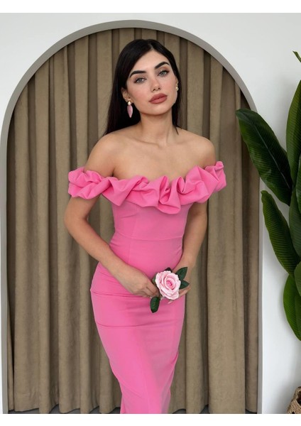 Popi Madonna Yaka Kalem Elbise Pembe-L