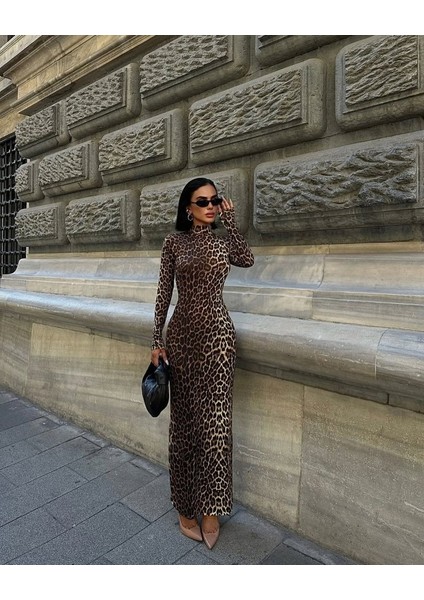 Kadın Uzun Kollu Balıkçı Yaka Gull Likralı Leopar Desen Maxi Boy Elbise M-Leopar