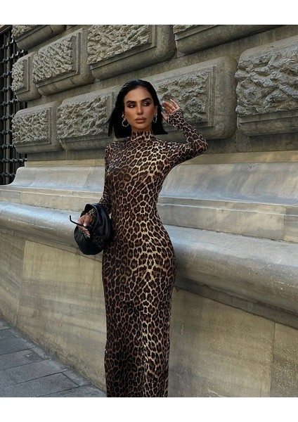 Kadın Uzun Kollu Balıkçı Yaka Gull Likralı Leopar Desen Maxi Boy Elbise M-Leopar fırsatları