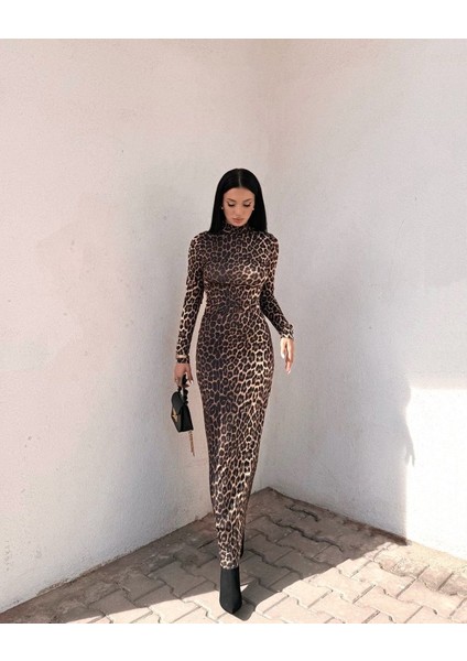 Kadın Uzun Kollu Balıkçı Yaka Gull Likralı Leopar Desen Maxi Boy Elbise M-Leopar indirimleri